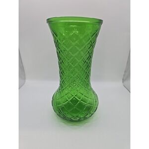 HOOSIER Emerald Green Glass Vase Diamond Point Deign 9 Inches